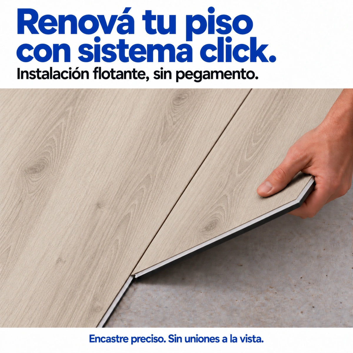 Mano encastrando una tabla de piso SPC símil roble beige claro, con núcleo blanco y manta IXPE, sobre hormigón liso.