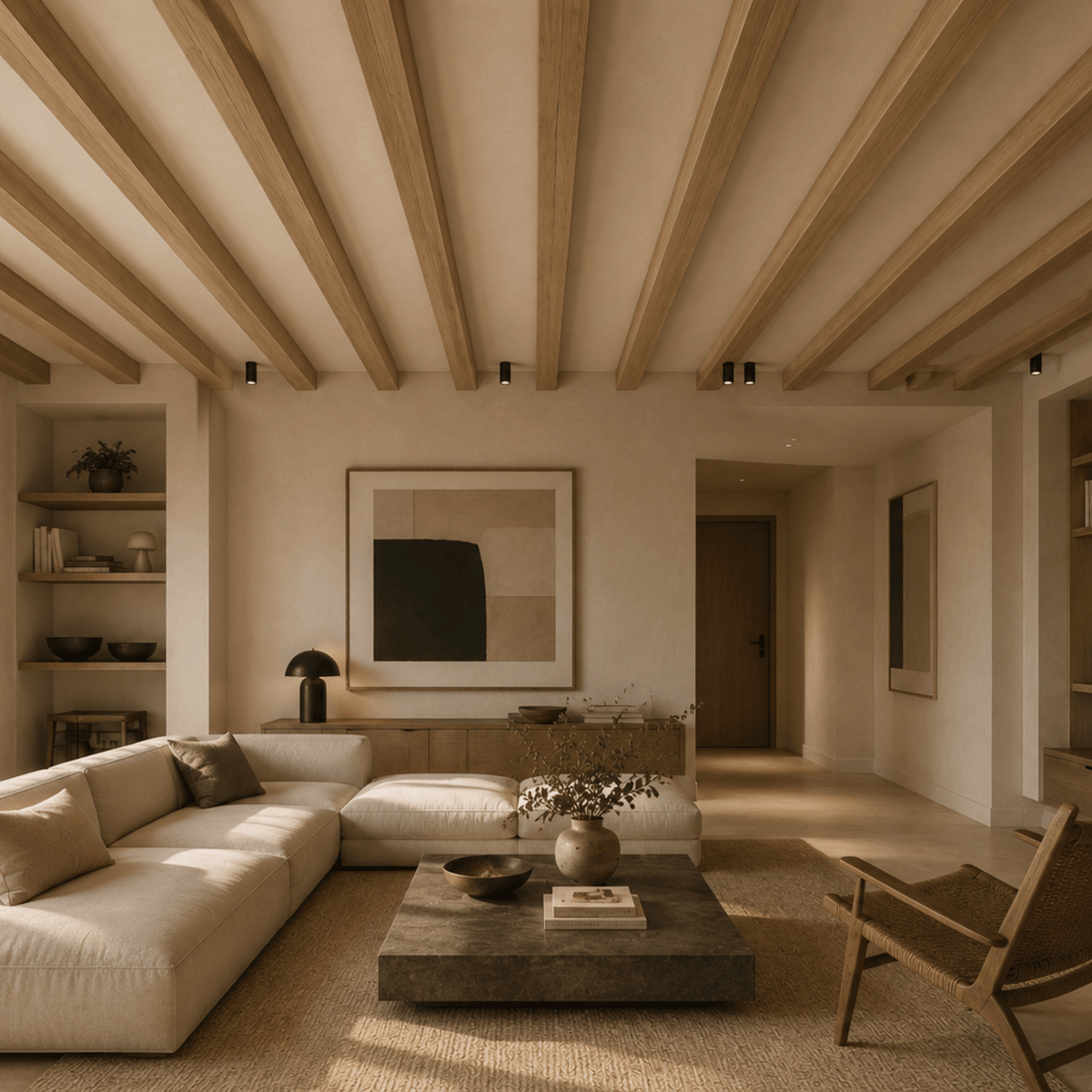 Living con vigas WPC color madera clara en el techo