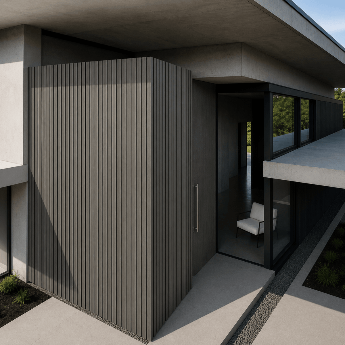 Revestimiento WPC exterior Gris pared exterior minimalista | SRJ Tu Hogar Uruguay