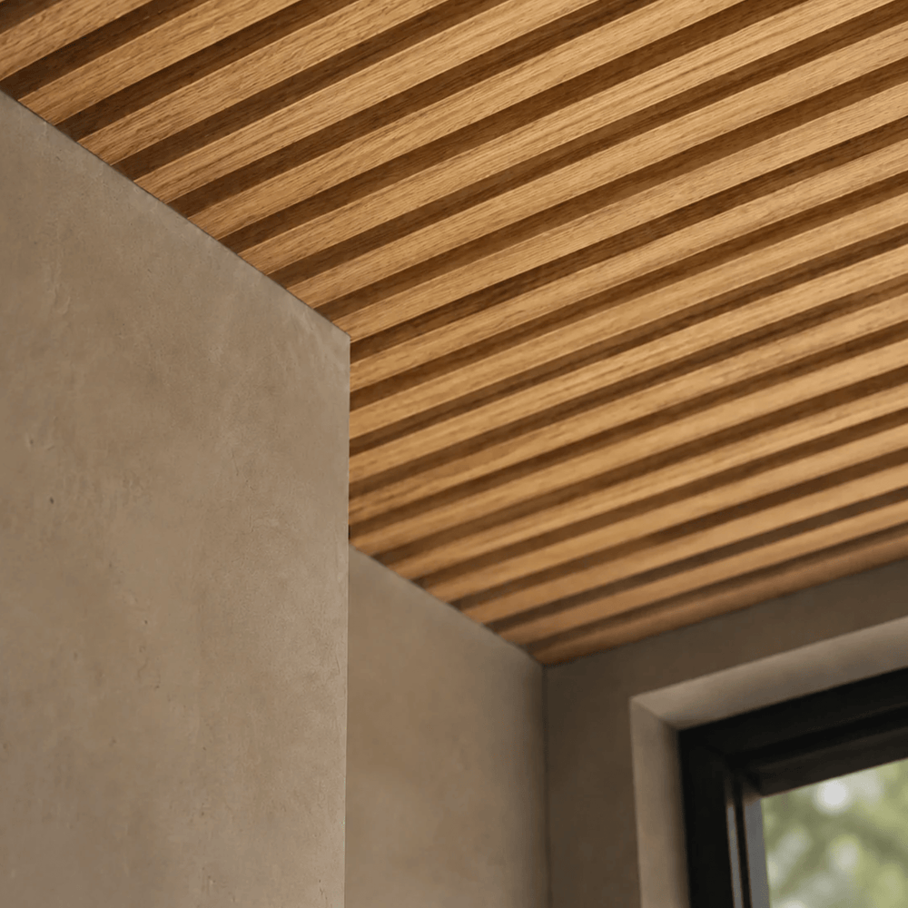 Techo revestido con panel WPC de listones color madera clara