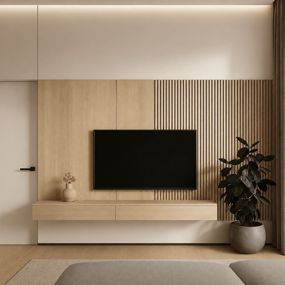 Panel WPC interior Madera Natural instalado en habitacion luminosa | SRJ Tu Hogar Uruguay