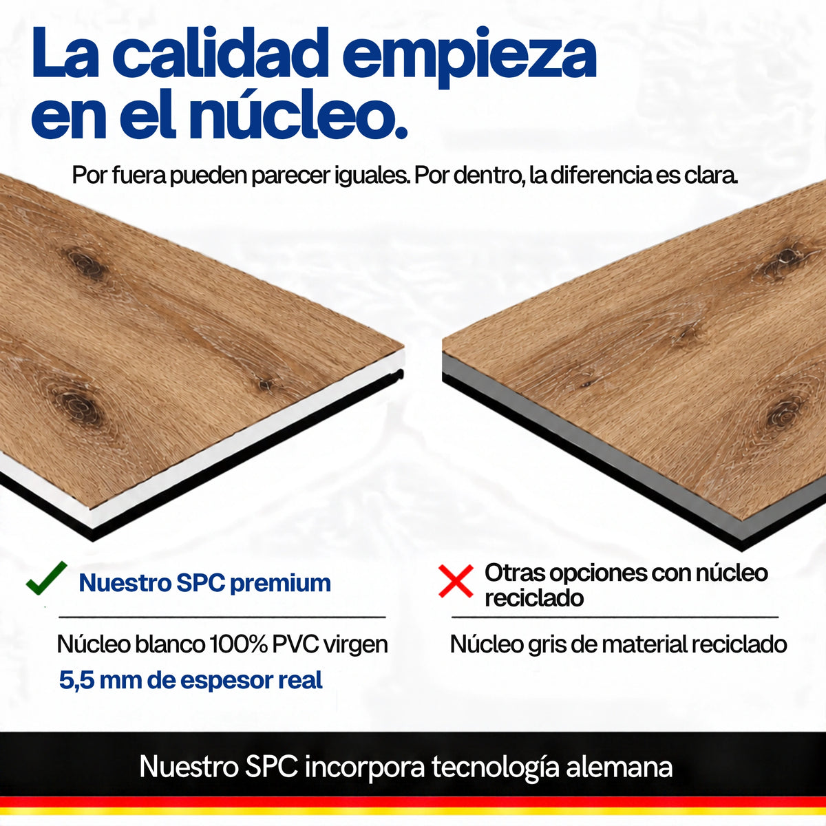 Comparación de pisos SPC símil roble marrón: núcleo blanco de PVC virgen con manta IXPE frente a núcleo gris de material reciclado.