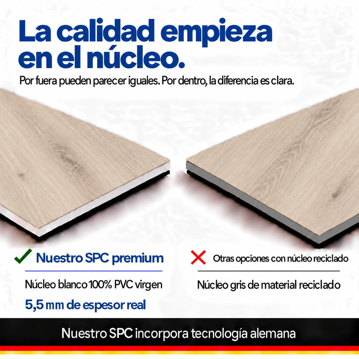 Comparación de pisos SPC símil roble beige claro: núcleo blanco de PVC virgen frente a núcleo gris de material reciclado.