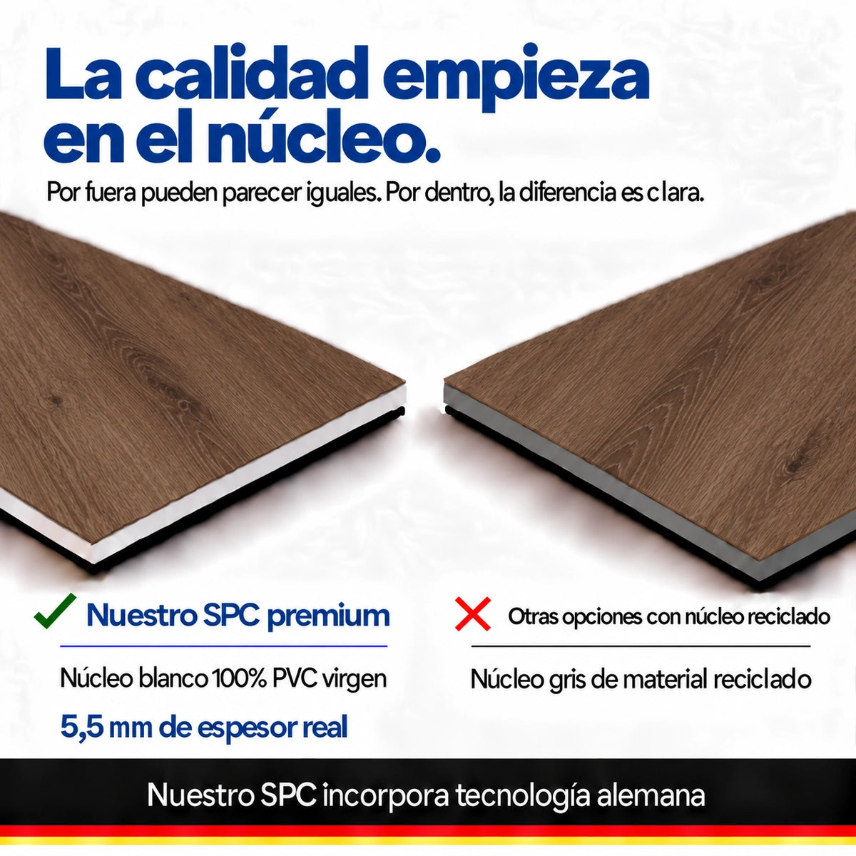 Comparación de pisos SPC símil roble marrón oscuro, con núcleo blanco de PVC virgen y núcleo gris reciclado.