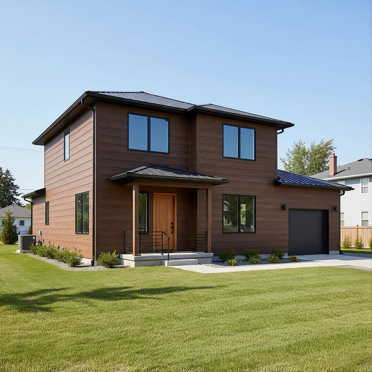 Revestimiento exterior metal siding Nogal detalle perfil oscuro | SRJ Tu Hogar Uruguay