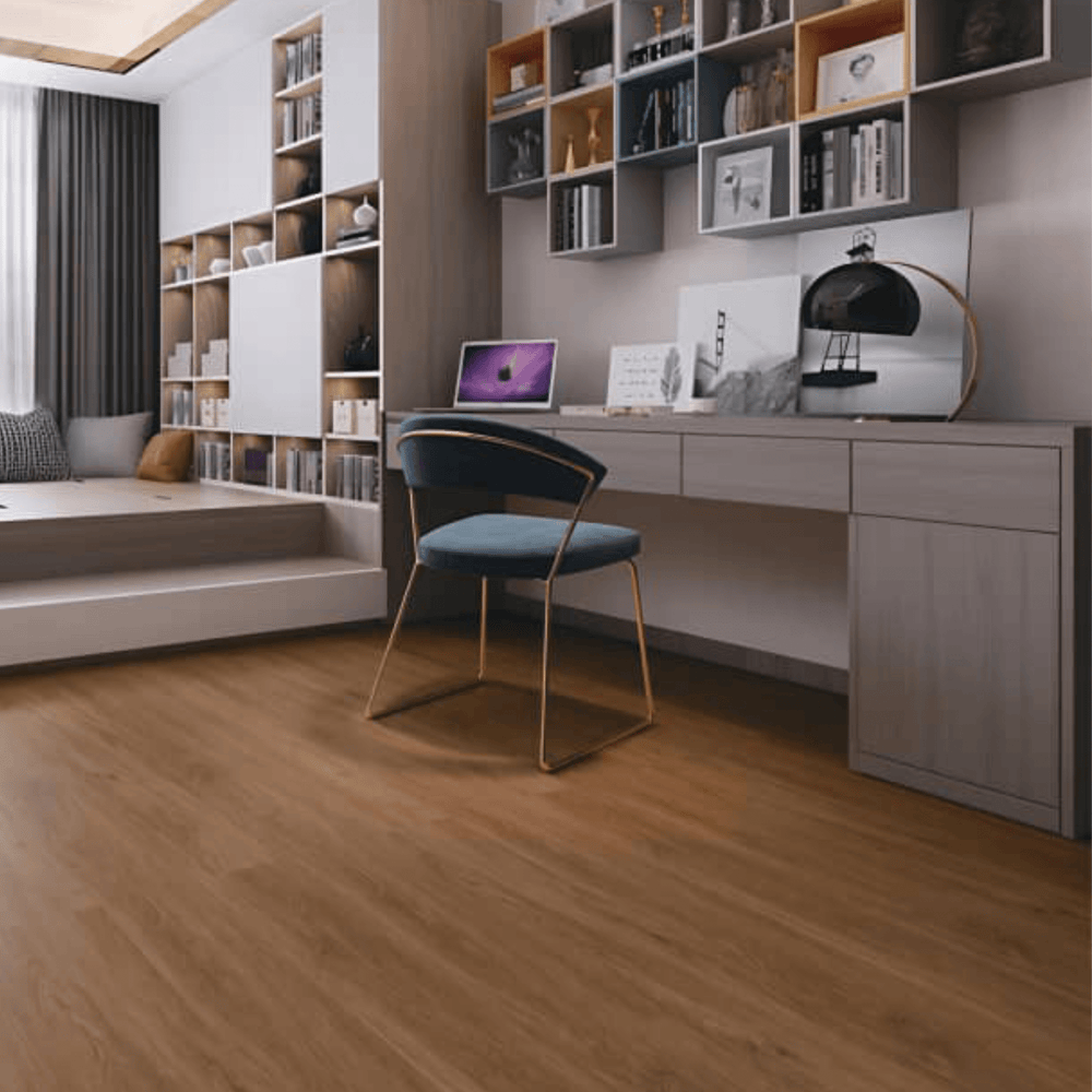 Escritorio con estanterías y piso SPC Roble Miel símil madera