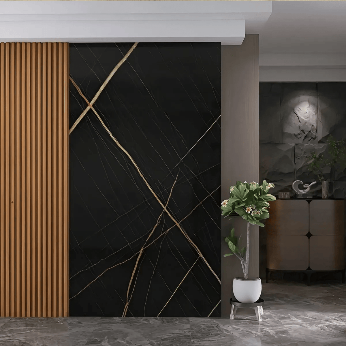 Revestimiento PVC símil mármol negro Mirage pared premium