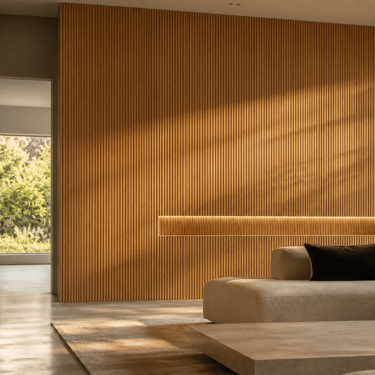 Pared de living revestida con panel WPC de listones color madera clara, con sillón bajo y ventanal